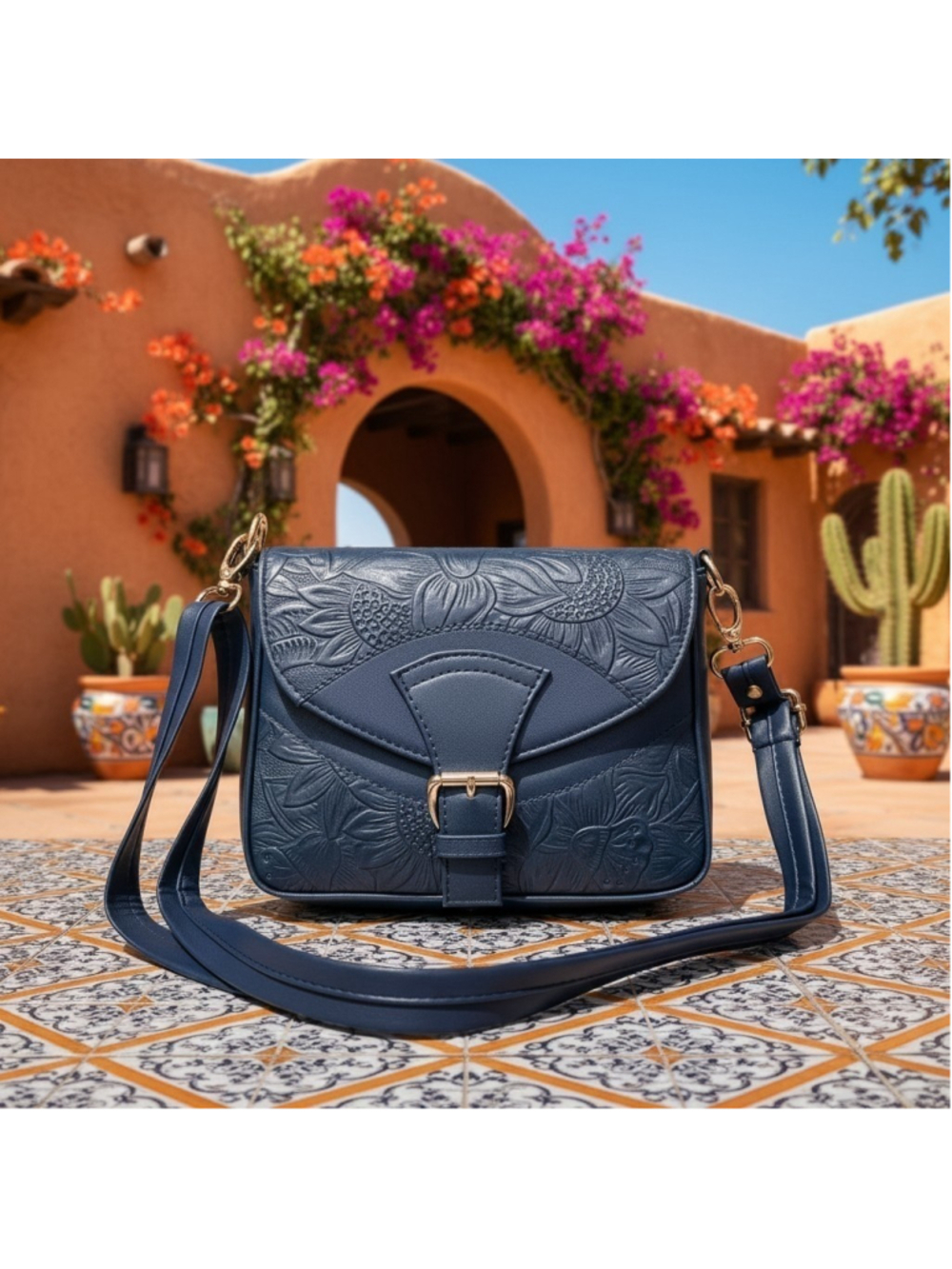 Marine Navy Blue Buckled Floral Embossed Tooled Artisan LEATHER Crossbody Purse
